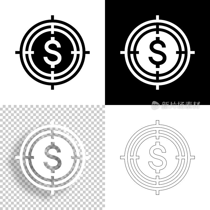 美元在取景器。图标设计。空白，白色和黑色背景-线图标