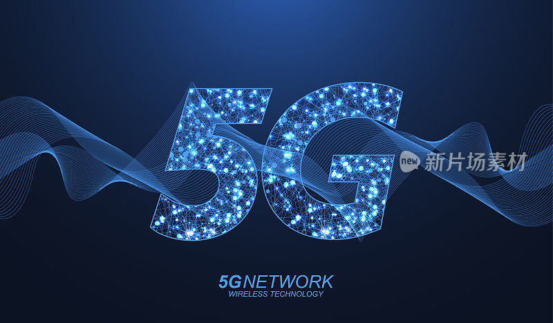 5G网络无线技术概念。5G网络横幅图标，用于商业和技术、信号、速度、网络、大数据、技术、物联网和交通图标。5G符号波流矢量