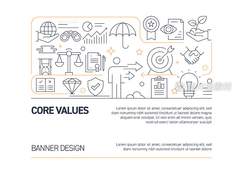核心价值相关矢量旗帜设计概念，现代线条风格与图标