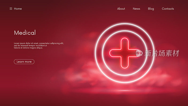 医疗保健和医疗概念用红十字，世界卫生日横幅，未来技术用红色霓虹灯在烟雾中发光，矢量商业背景