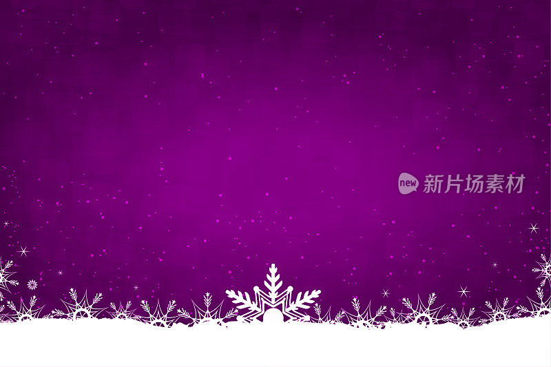 闪亮的圣诞节水平浪漫矢量背景在深紫色，紫色或梅花或淡紫色与白色的雪和雪花作为顶部和底部的边框和闪烁的闪亮的星星