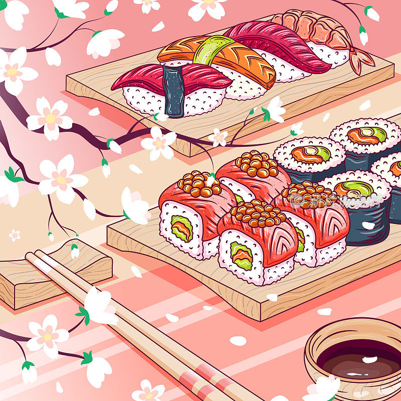 寿司。日本海鲜向量。餐桌上的亚洲菜。筷子寿司套装，酱油，鱼排米饭，卡通风格。矢量图