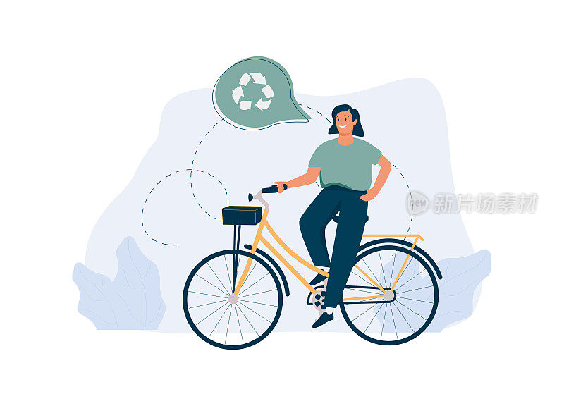 这个女孩骑自行车。积极的生活方式。循环经济的例子。可持续的经济增长。