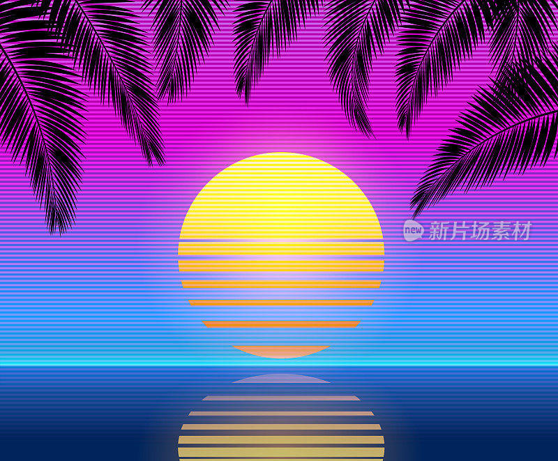 合成波复古背景-棕榈树