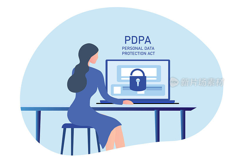 网络安全和数据保护隐私，PDPAใBusinesswoman安全的数据管理和保护数据免受黑客攻击和挂锁图标，以互联网技术网络矢量插图