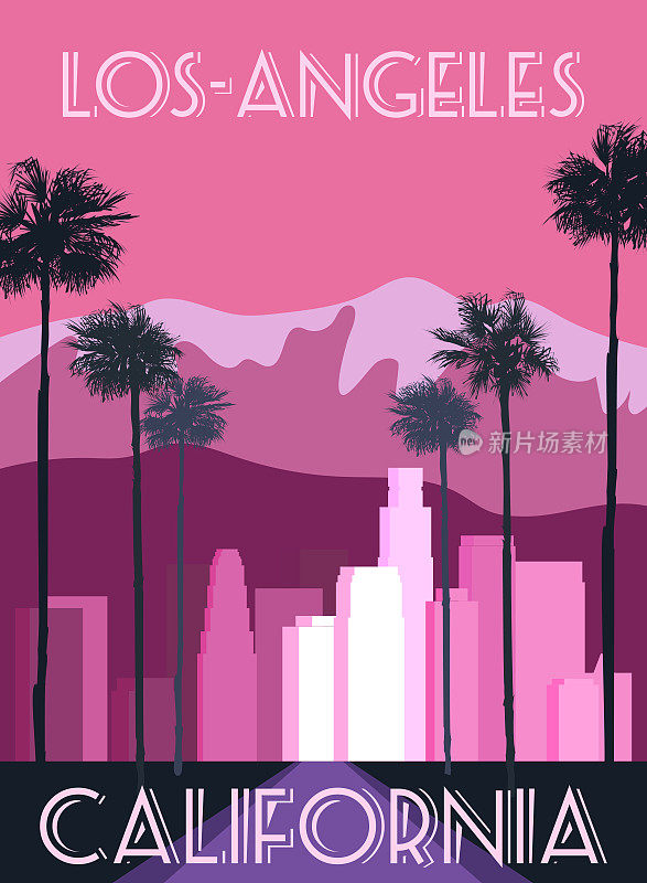 复古海报洛杉矶，市中心，城市景观。复古,场景加州