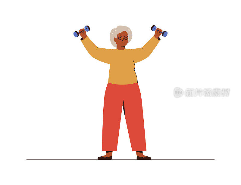 老妇人在家用哑铃训练。老年女性进行健身锻炼。
