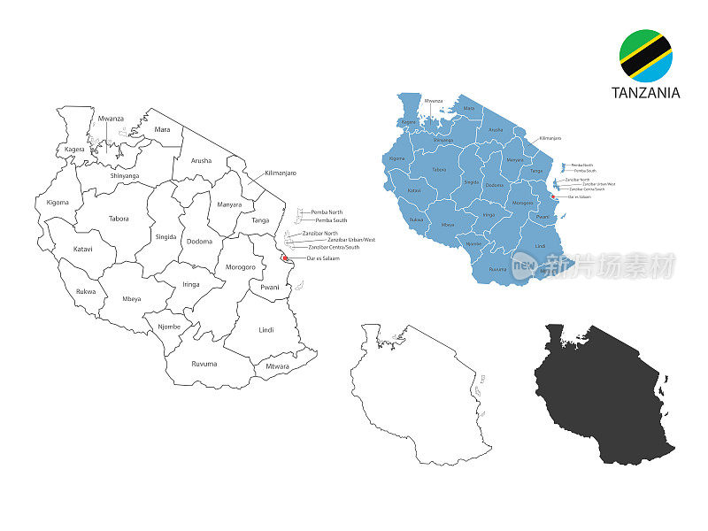 4种风格的坦桑尼亚地图矢量插图有所有的省份和标记坦桑尼亚的首都城市。由细黑色轮廓简约风格和暗影风格组成。孤立在白色背景。