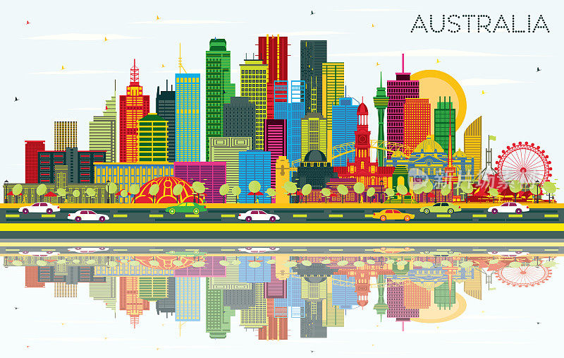 澳大利亚城市天际线与彩色建筑，蓝天和倒影。