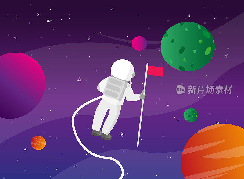 在外太空中以行星为背景的宇航员。