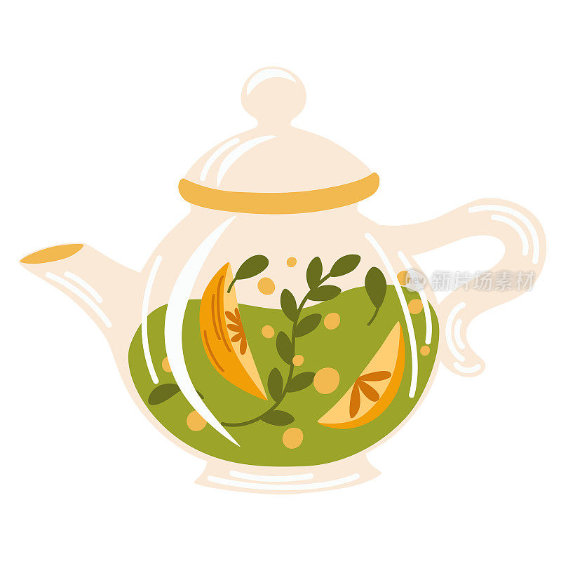 水果茶。杯子里装着茶莓和茶叶。热饮自然健康。药剂师的自然健康海报，有机，草药茶，橙片和草药。向量的卡通插图
