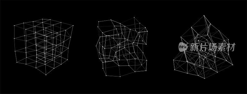 从不同侧面变形的线框立方体。矢量抽象几何三维对象。技术区块链网络连接。