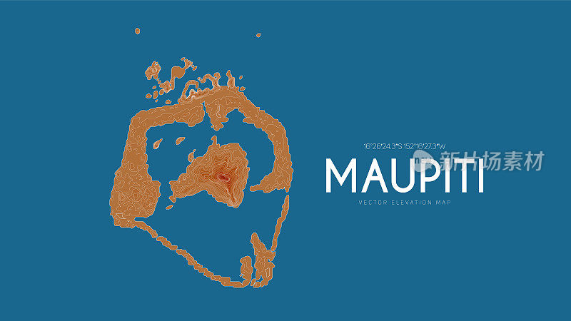 毛皮蒂，社会群岛，法属波利尼西亚，太平洋地形图。海岛矢量详细高程图。地理优美的山水轮廓海报。