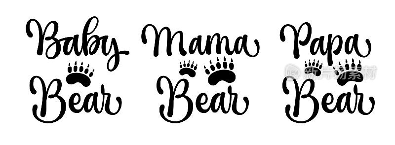 一组向量字母短语为熊主题的家庭看事件。熊爸爸，熊妈妈，熊宝宝-书法铭文。