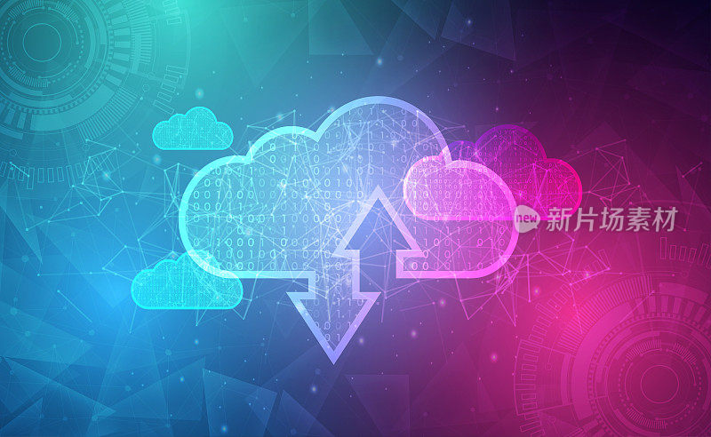 数字科技云服务蓝粉色背景概念，科技云计算，抽象科技，创新未来数据，互联网网络连接，Ai大数据存储，插画向量