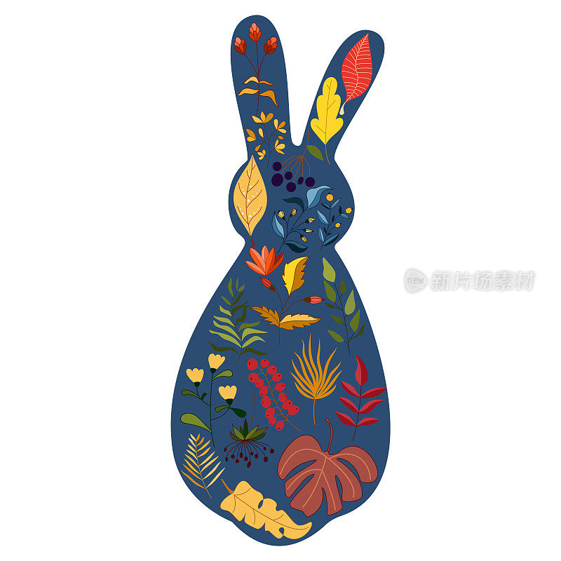 兔子字符设计与美丽的花朵为春天，复活节。中秋节或2023年中国新年，兔年生肖。矢量图