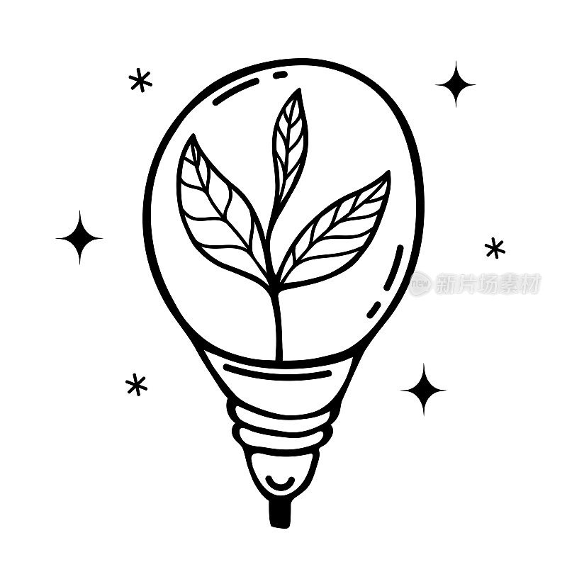 灯泡内栽矢量图标。闪亮的灯泡带着嫩芽，象征着绿色能源。手绘涂鸦孤立在白色上。循环利用，环保能源，生物概念。为标志，网络，应用程序，打印