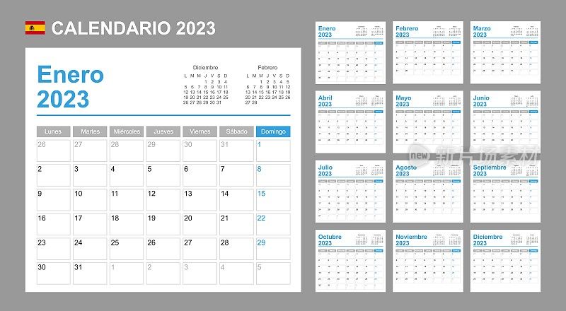 2023年的西班牙日历。一周从星期一开始。简单的向量模板。业务设计计划。