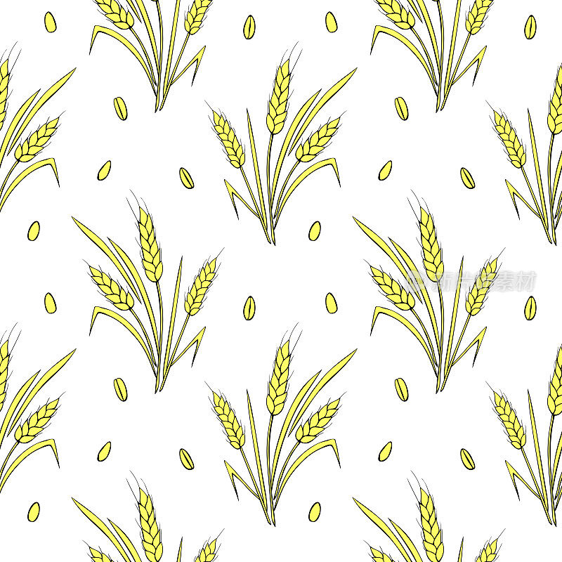 小麦小穗和籽粒，矢状无缝纹在涂鸦平坦风格，孤立。设计以烘焙产品、面粉、丰收、感恩为主题的印刷品、包装纸、包装。