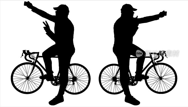一个骑自行车的人在骑自行车时给自己拍照。一个戴着帽子的年轻大个子坐在自行车架上，一只手做着胜利的手势，另一只手拿着手机，拍了张照片。