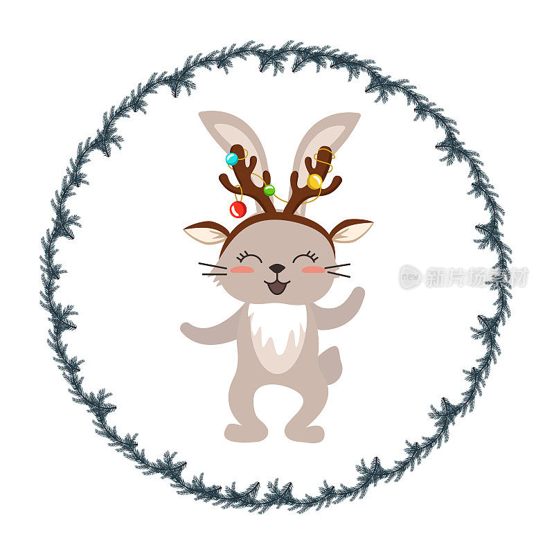 礼品卡与可爱的兔子或野兔和圣诞树花环。