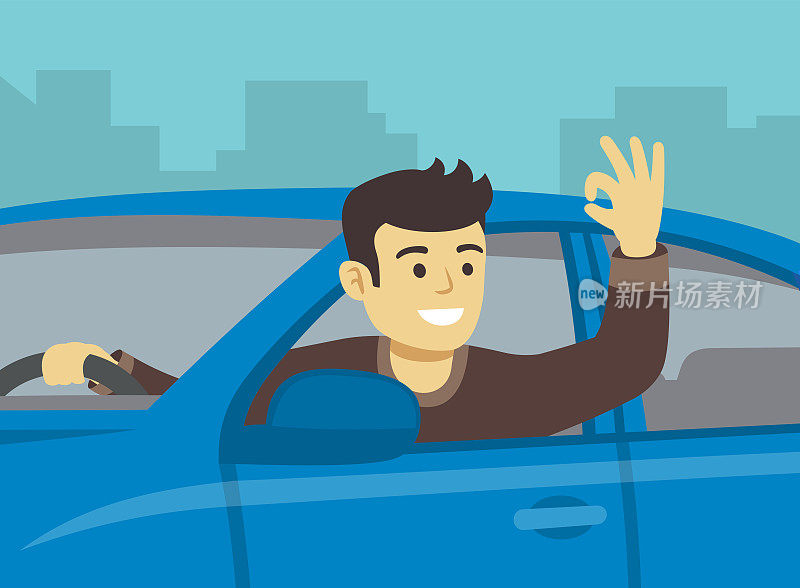 年轻的司机探出车窗。快乐的男人坐在一辆车的驾驶员位置，并显示“OK”的手势。