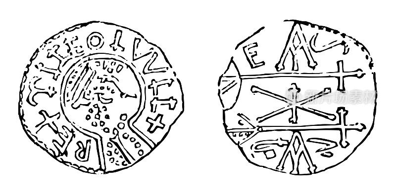 中世纪盎格鲁-撒克逊银质便士麦西亚国王Ceolwulf一世(821-823)-古刻插图