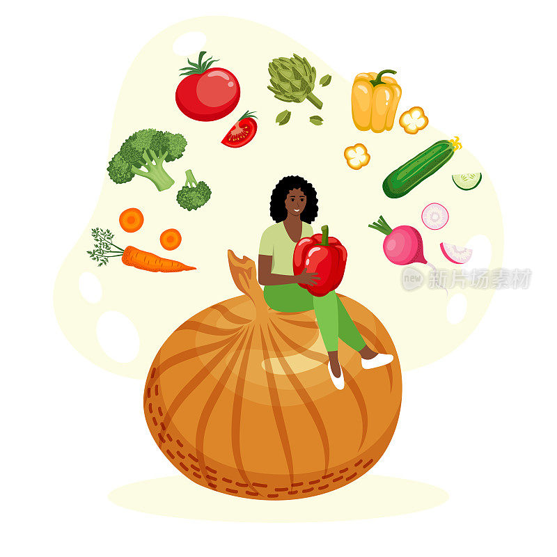 矢量图像的一个黑皮肤的女孩坐在弓与甜的红色灯笼椒和蔬菜周围。