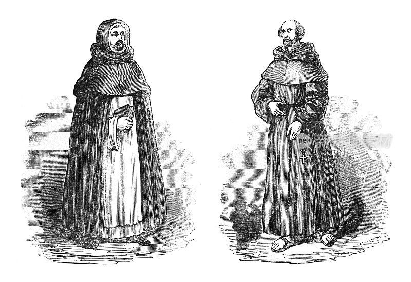 中世纪多米尼加或黑色修士和方济会或灰色修士-复古雕刻插图