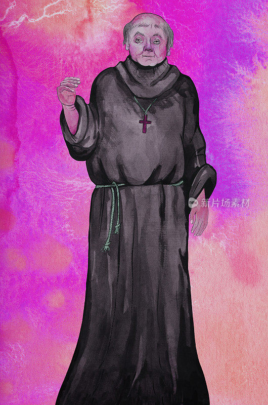 插图水彩画的光头牧师僧侣在黑色袈裟上的背景从水彩画在粉红色的阴影