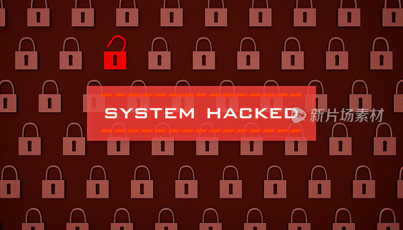 打开红色挂锁之间的关闭挂锁在墙上和信息系统被黑。