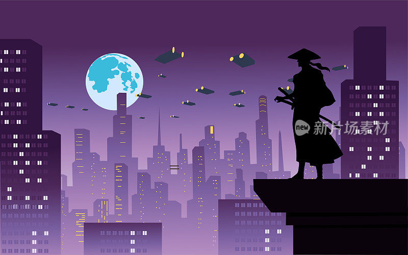 矢量动画风格的武士剪影在赛博朋克城市股票插图