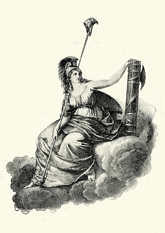 古典女神的矛尖被弗里吉亚帽所覆盖，手持法赛斯，象征着治安官的权力和管辖权