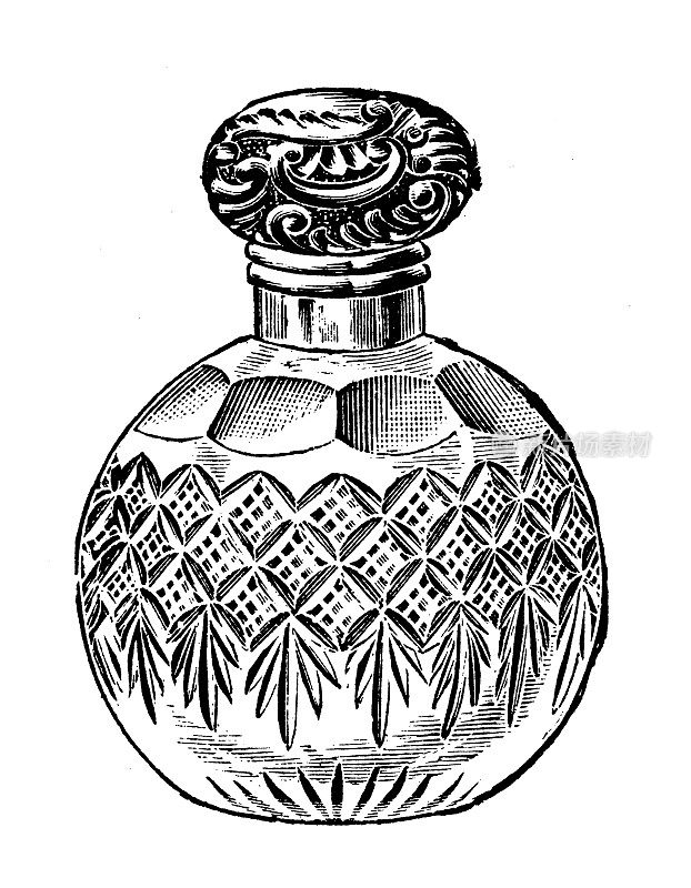 古董图片来自英国杂志，银质产品:玻璃香水瓶