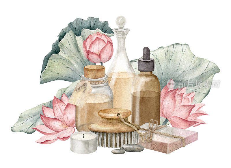 用荷花、古瓶和肥皂做水疗化妆品。手绘水彩插图身体护理产品和粉红色睡莲白色孤立的背景。洗漱用品的绘画