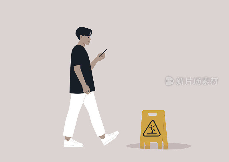 年轻的亚洲人被他们的智能手机分心，忽视了路上的黄色湿地板警告标志
