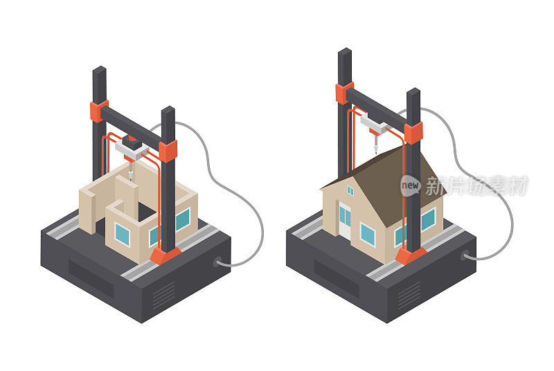 使用3D技术建造房屋，3D打印房屋，等距矢量