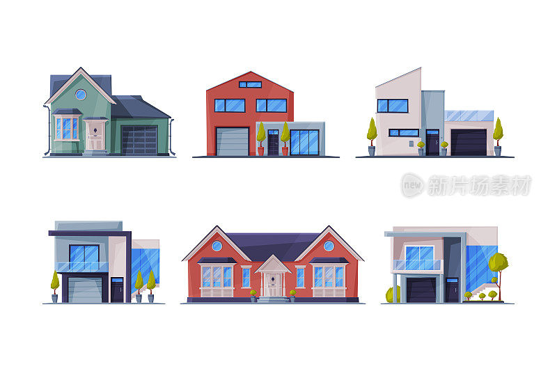 乡村村舍和房屋。郊区和城市房屋立面卡通矢量插图