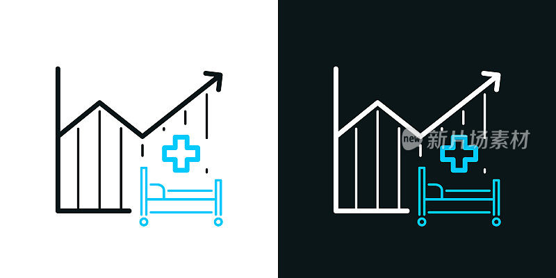 医院病床容量增加图表。黑色或白色背景上的双色线条图标-可编辑笔触