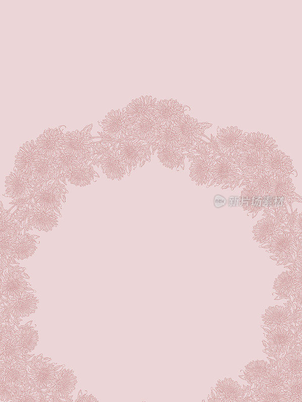 手绘花卉菊花花环在朦胧的玫瑰色，优雅的卡片模板设计与复制空间
