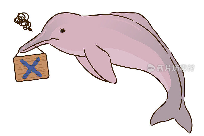 一只亚马逊河海豚拿着一块嘴里有十字标记的招牌