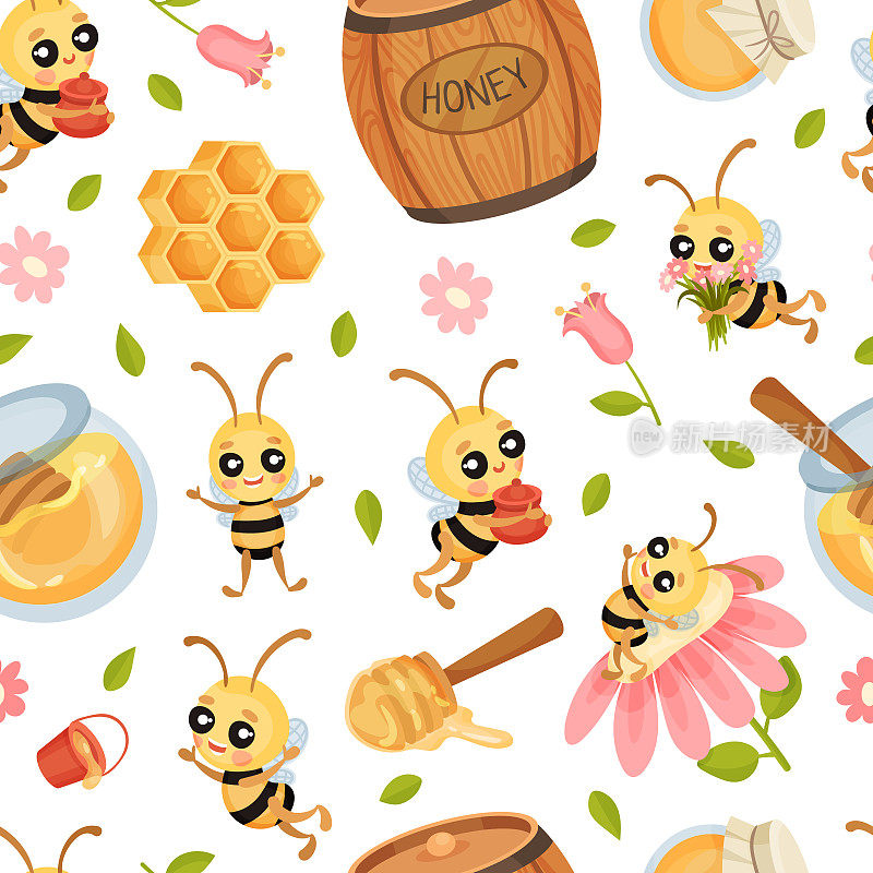 可爱的蜜蜂无缝图案设计与繁忙的昆虫和天然甜食矢量模板