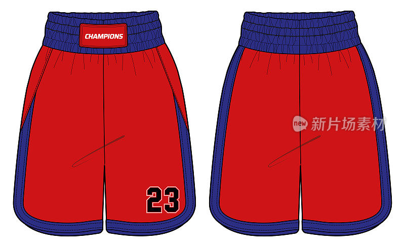 篮球短裤球衣设计平面草图插图，宽腿拳击短裤概念与前面和后面的看法。超大活动服短裤设计。