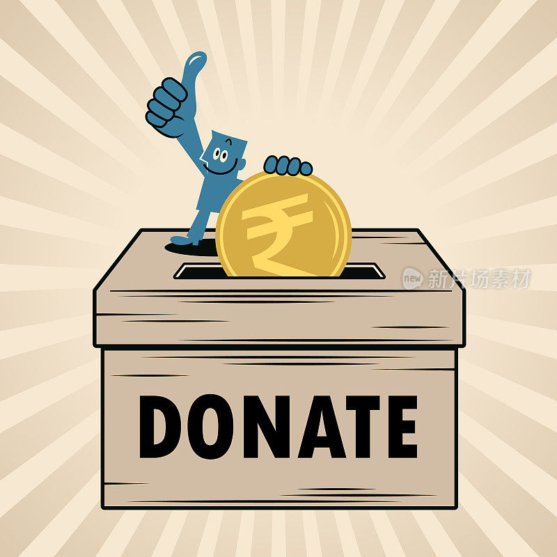 一个面带微笑的蓝衣男人把钱放进一个大捐款箱里，竖起大拇指