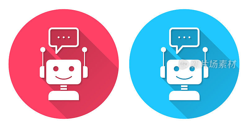 有语音泡泡的聊天机器人。圆形图标与长阴影在红色或蓝色的背景