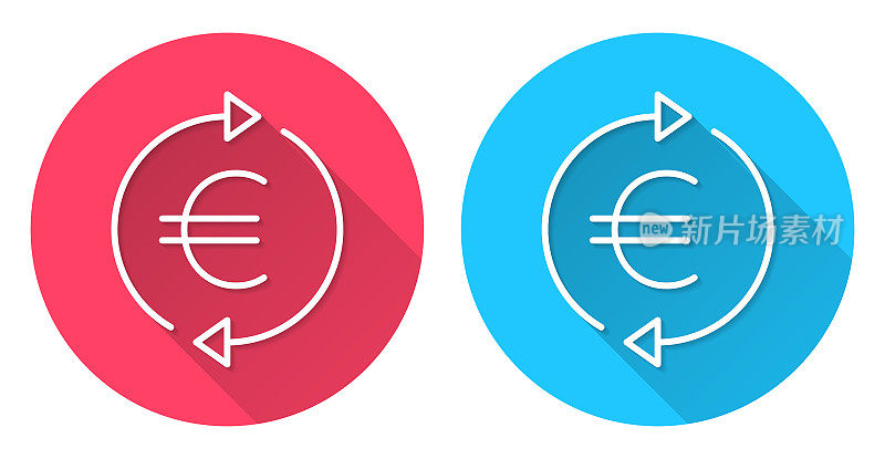 兑换和转移欧元。圆形图标与长阴影在红色或蓝色的背景