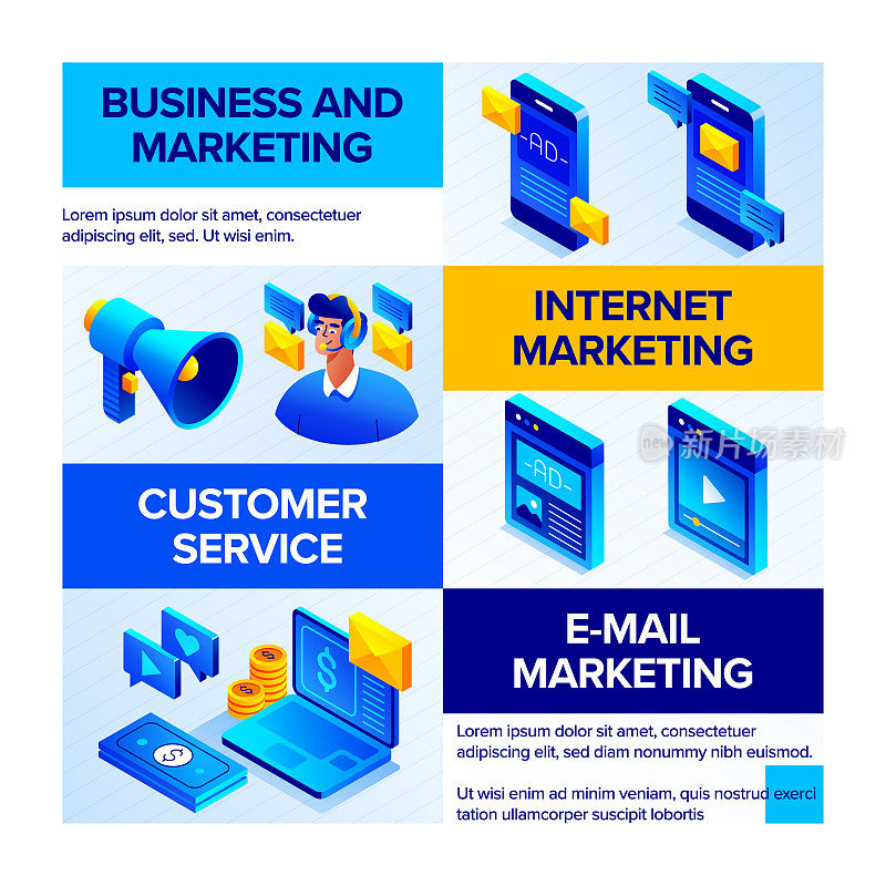 矢量插图的业务和营销等距图标和三维横幅设计。