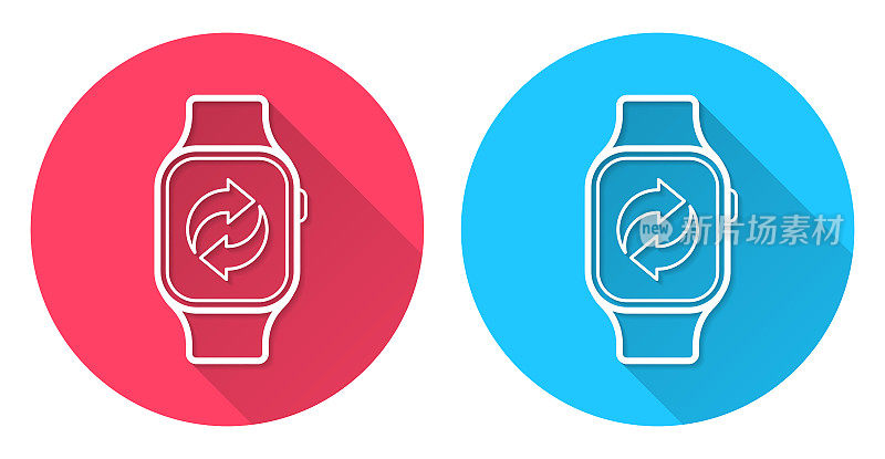 智能手表上的回收标志。圆形图标与长阴影在红色或蓝色的背景