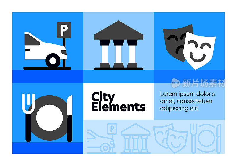 城市元素线图标集和横幅设计。