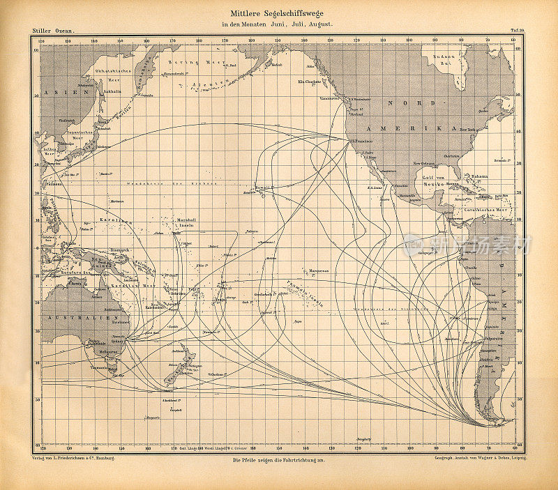 7月和8月太平洋天气模式图，德国古董维多利亚雕刻，1896